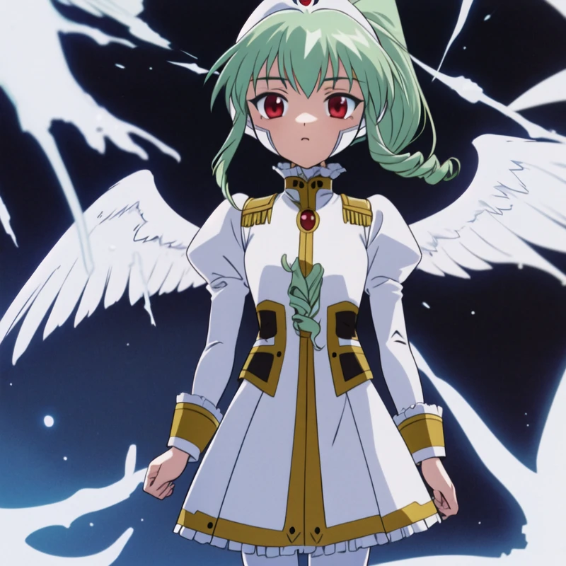 1girl, solo, masterpiece, best quality, illustration, absurdres, cute, film_grain, extremely detailed face, perfect lighting, cowboy shot, <lora:vanilla_h:0.9>, vanilla_h_galaxy_angel, green hair, dress, frills, green hair, juliet sleeves, long hair, long sleeves, ponytail, puffy sleeves, red eyes, white dress, pantyhose, white pantyhose, white legwear, thighhighs, science fiction, frilled skirt, white footwear, white skirt, drill hair, hat,