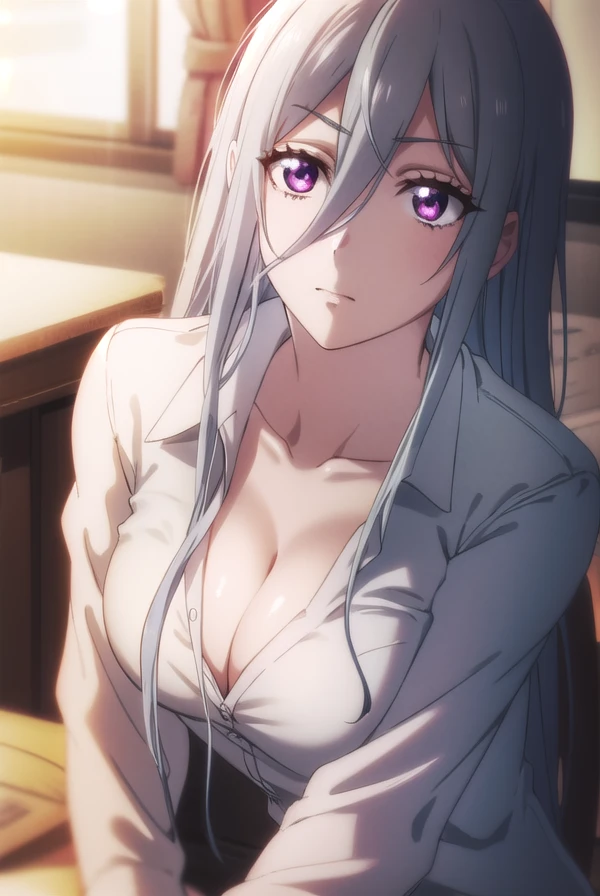 leonamiyamura, <lora:leona miyamura s1-lora-nochekaiser:1>,
leona miyamura, long hair, (pink eyes:1.2), grey hair, hair between eyes,
BREAK shirt, cleavage, dress shirt, naked shirt,
BREAK indoors,
BREAK looking at viewer,
BREAK <lyco:GoodHands-beta2:1>, (masterpiece:1.2), best quality, high resolution, unity 8k wallpaper, (illustration:0.8), (beautiful detailed eyes:1.6), extremely detailed face, perfect lighting, extremely detailed CG, (perfect hands, perfect anatomy),