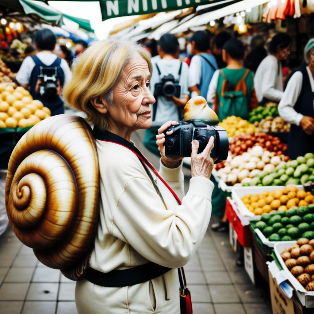 <lora:snail_tourist_v1:0.5>, camera, snail shell, taking picture,  old woman, long sleeves, blonde_hair, holding_camera, looking at viewer, tail, from side, snail, snailtourist, SNTR, snail tourist, spiral, realistic, market