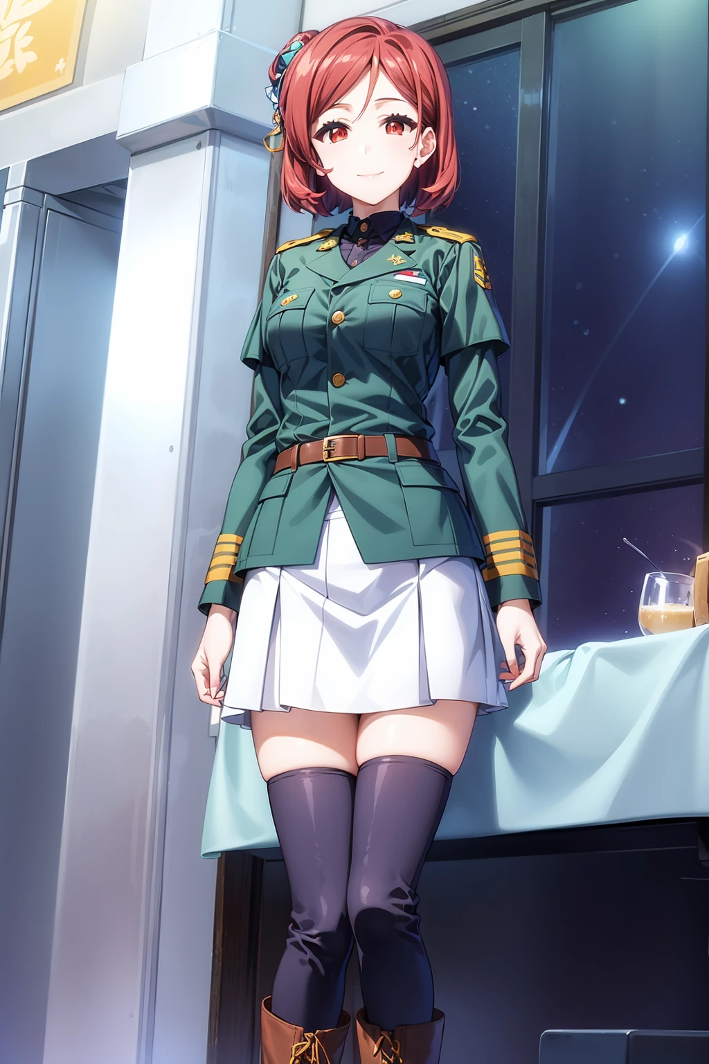 best quality, 1girl, solo, short hair, bangs, brown eyes, red hair, (belt, buttons, green jacket, jacket, knee boots, long sleeves, military, military uniform, skirt, standing, uniform:1.1), ariadoa_aria, smile, look at viewer