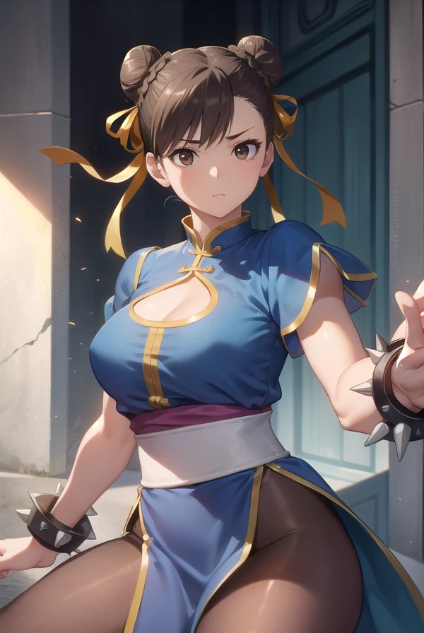 chunli, <lora:chun li v2-lora-nochekaiser:1>,
chun li, (brown eyes:1.7), brown hair, (bun cover:1.5), double bun, eyeliner, hair bun, lipstick, makeup, pink lips,
BREAK blue dress, boots, bracelet, brown pantyhose, china dress, chinese clothes, cross-laced footwear, dress, gold trim, jewelry, pantyhose, pelvic curtain, puffy sleeves, sash, short sleeves, side slit, spiked bracelet, spikes, white footwear,
BREAK outdoors,
BREAK looking at viewer, full body,
BREAK <lyco:GoodHands-beta2:1>, (masterpiece:1.2), best quality, high resolution, unity 8k wallpaper, (illustration:0.8), (beautiful detailed eyes:1.6), extremely detailed face, perfect lighting, extremely detailed CG, (perfect hands, perfect anatomy),