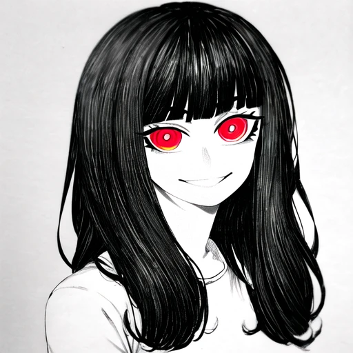 highres,ChonozbergStyle,1girl,solo,upper body,ringed eyes,looking at viewer,smile,long hair,dress,simple background,<lora:ChonozbergStyle:1.2>,
