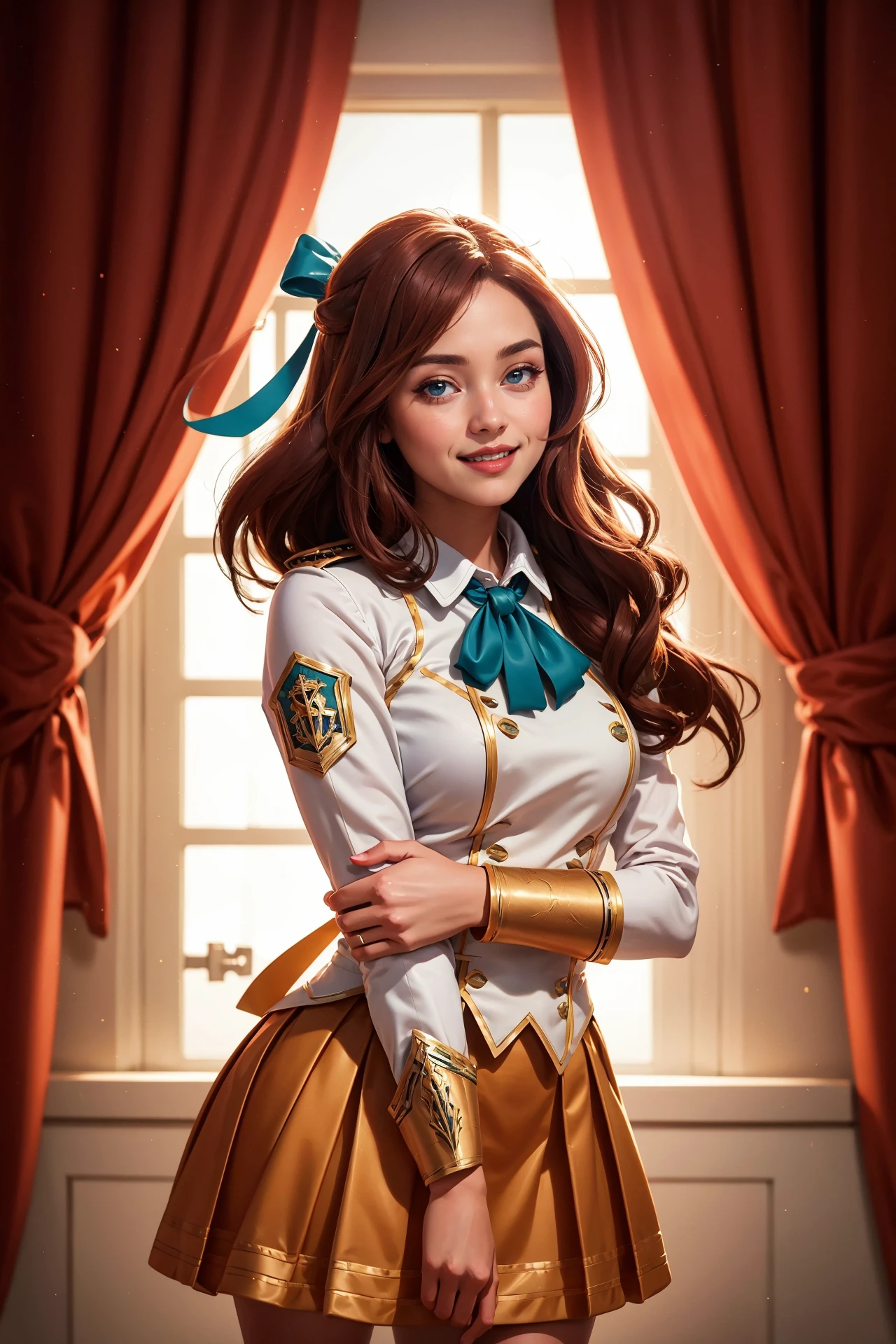 (masterpiece, best quality:1.2), intricate details, <lora:GoodHands-beta2:1>,  <lora:lol_pba_lux-000018:0.8>, pba lux, 1girl, collared shirt, pleated skirt, hair ribbon, epaulettes, ascot, light smile