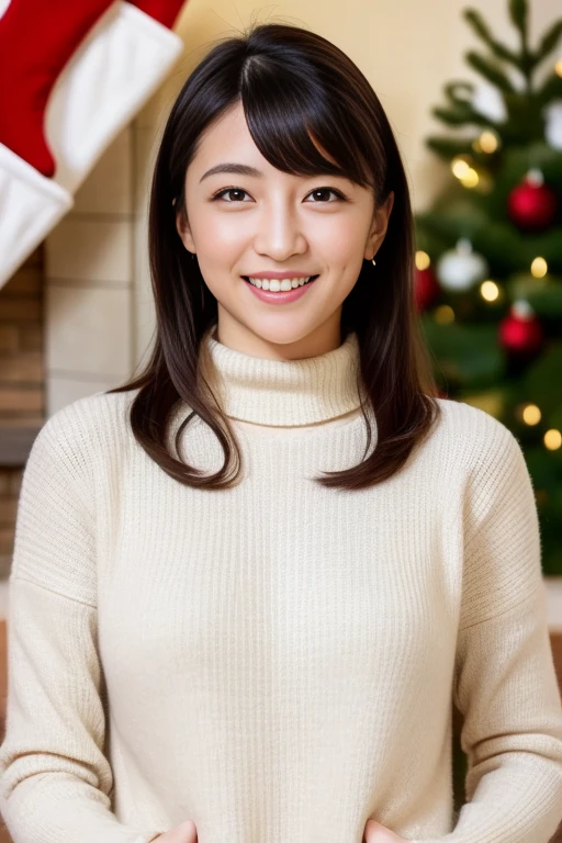 1girl,(wearing a turtleneck sweater),(winter jacket),(RAW photo, best quality), (realistic, photo-realistic:1.4), masterpiece, an extremely delicate and beautiful, extremely detailed, 2k wallpaper, Amazing, finely detail, extremely detailed CG unity 8k wallpaper, ultra-detailed, highres, soft light, beautiful detailed girl, extremely detailed eyes and face, beautiful detailed nose, beautiful detailed eyes,cinematic lighting,snow scenery,fireplace,(christmas tree,christmas decorations),perfect anatomy,slender body,smile, <lora:miyazawatomo_lora:0.7>,short hair,full body