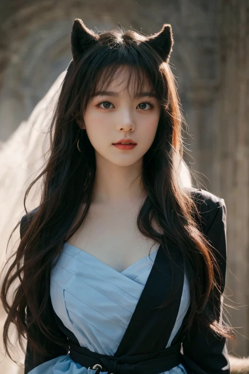 An unparalleled 8K UHD professional photograph that stands as a testament to the zenith of artistic vision, set against the backdrop of a spellbinding fantasy realm. At the heart of this realm is a 19-year-old girl, a figure of sublime beauty with cascading soft silver hair that glimmers like strands of starlight. Her presence is a harmonious contradiction: while her visage radiates innocence, her amazingly elegantly arched black devil horns unveil her true identity as a bona fide real demon. These devil horns, majestic yet menacing, are a perfect embodiment of her dual nature, blending seamlessly with her enchanting allure. Her pale hands, captured in exquisite detail, are not just visually striking but are also imbued with the narrative of her demonic heritage, each line and curve a whisper of her ancient lineage. By her side stands a majestic, enigmatic giant wolf, a noble companion whose presence complements her own formidable essence. Their bond transcends the ordinary, radiating a joy that is both pure and deeply rooted in their shared mystical bond. The scene is bathed in a resplendent natural light that not only illuminates but also enhances the surreal elements of this otherworldly setting. The light weaves through her hair, dances around her horns, and casts a noble glow on her scary giant wolf companion, against a backdrop that is vibrant and dreamlike. This composition is a masterful interplay of light and shadow, adding depth and dimension, and rendering every texture so vivid that it feels tangible. This photograph is more than a visual feast; it's an immersive experience. The viewer is not merely observing but is drawn into a world where the line between reality and fantasy blurs, touched by the beauty, mystery, and intrinsic joy of this demon girl and her mythical wolf. It's a portrayal that transcends the medium, capturing the essence of their otherworldly existence in a moment frozen in time.