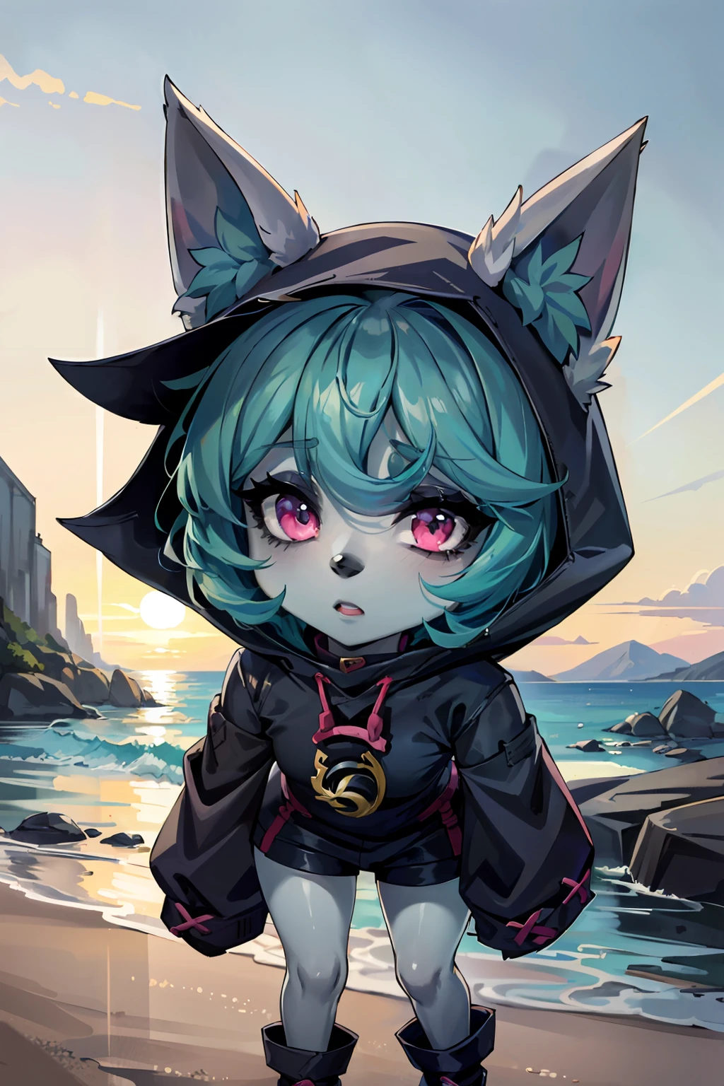 2d, masterpiece, best quality, anime, highly detailed face, perfect lighting, 1girl, solo, green hair, yordle, animal ears, bangs, hood, short hair, pink eyes, (colored skin), (grey skin), (dark skin) , ears through headwear, long sleeves, furry, <lora:vex_lora_1-10:0.9>, full body, beach,