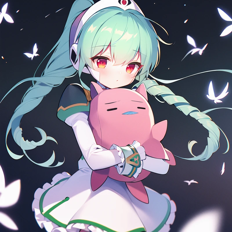 1girl, solo, masterpiece, best quality, illustration, absurdres, cute, film_grain, extremely detailed face, perfect lighting, cowboy shot, <lora:vanilla_h:0.9>, vanilla_h_galaxy_angel, green hair, dress, frills, green hair, juliet sleeves, long hair, long sleeves, ponytail, puffy sleeves, red eyes, white dress, pantyhose, white pantyhose, white legwear, thighhighs, science fiction, frilled skirt, white footwear, white skirt, drill hair, hat, hugging object, stuffed animal, stuffed toy, holding, holding stuffed toy, pink stuffed toy,