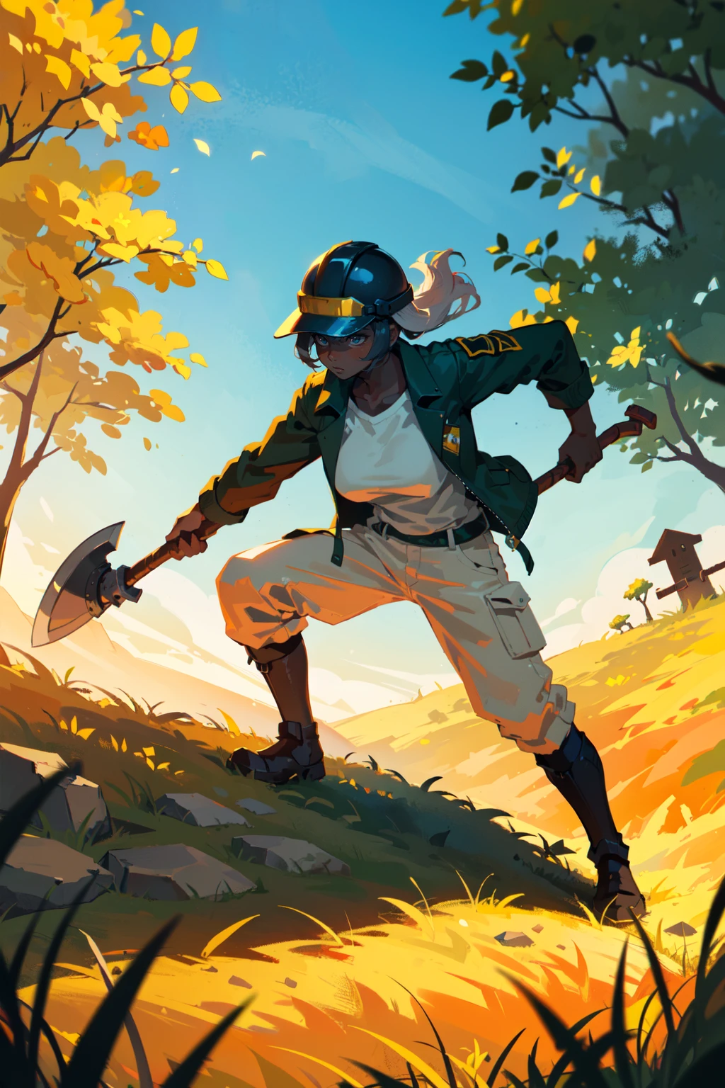 (axe, (holding axe), battling position, dynamic pose), warrior, BREAK young female, white hair, (completely dark skin), lovely giant breasts, explorer helmet, explorer short jacket, white shirt, short cargopants, explorer boots, BREAK savana, (dry, yellow grass land), tree, outdoors, (lake), (best quality, masterpiece:1.1), <lora:DarkLighting:0.5>, silhouette, orange spotlight, dark theme,