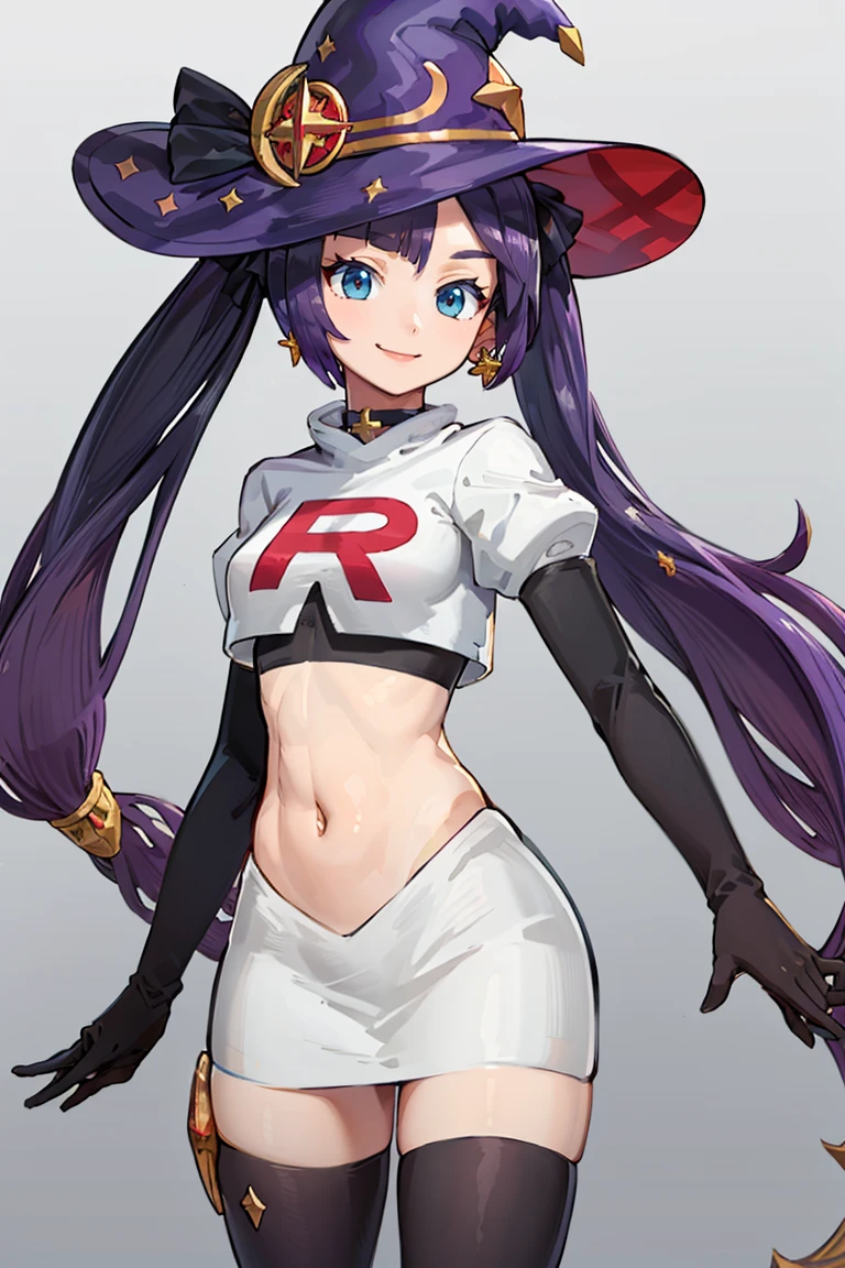 <lora:Cosplay_TeamRocket_v2:0.8>, ((masterpiece,best quality)), Cosplay_TeamRocket, white jacket, cropped jacket, white skirt, elbow gloves, black thighhighs, zettai ryouiki, <lora:mona_v1:0.7>, aamona, long hair, twintails, hair ornament, black ribbon, earrings, witch hat, purple headwear, choker, cowboy shot, smile,