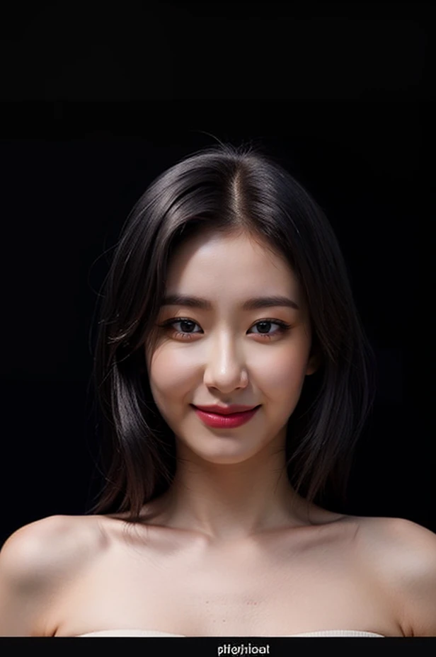 Best quality, masterpiece, ultra high res, (photorealistic:1.4), (extremely detailed eyes), (((strapless))), raw photo, covered chest, 1girl, solo, realistic, (looking at viewer), upper body, ((plain black background:1.5)), (face lighting:1.5), bare shoulders, smile, (((long black hair))), <lora:chaeryeonglorashy:0.75>