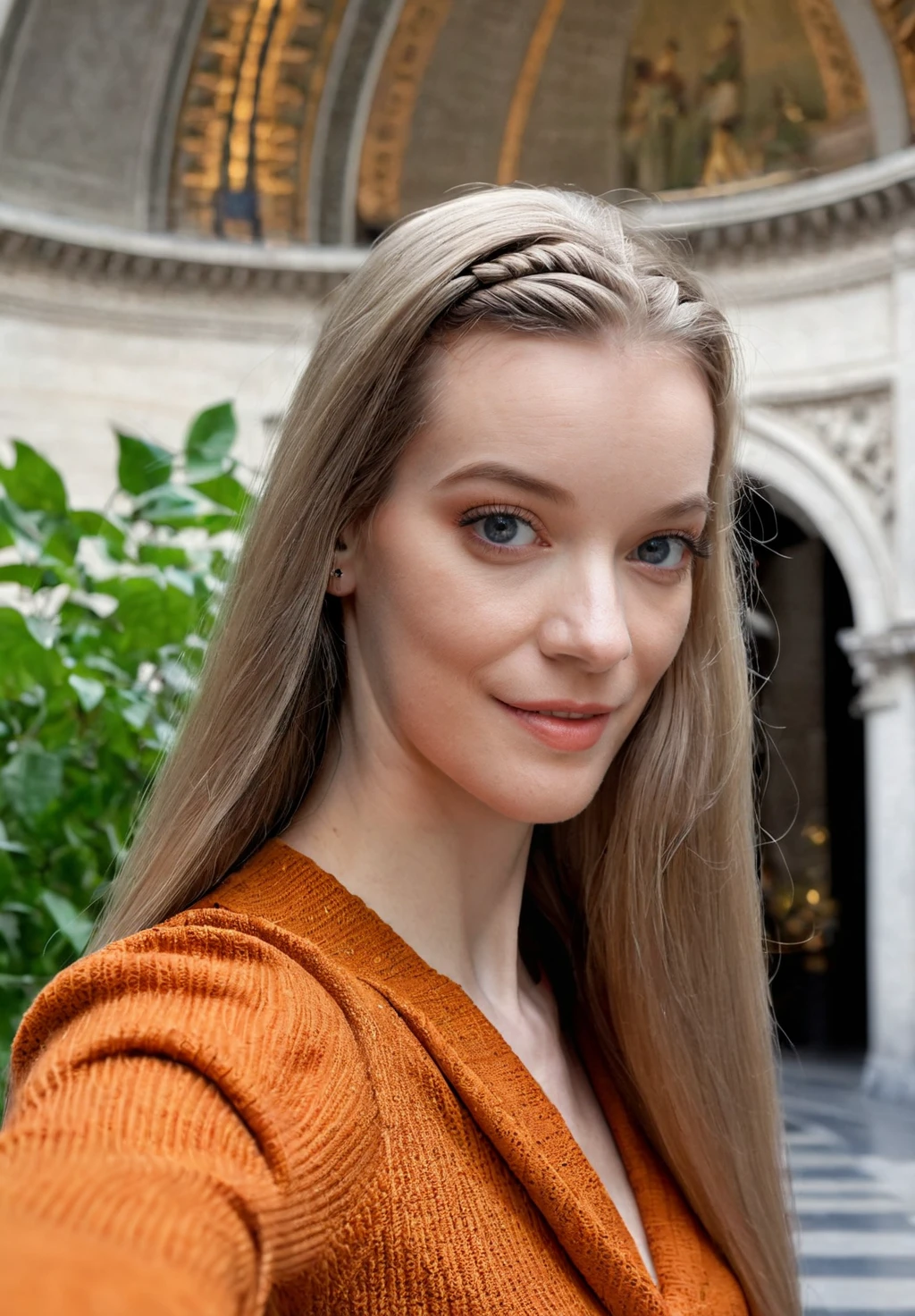 fashion photography (close-up, full body shot:1.1), pale skin ohwx woman, selfie, smug, absurdly long hair, braided hair,
Orange wrap top Tangerine pops Backlight rim flare Foliage Soft circles in iris. illusion neckline,
Arc de Triomphe Indoors Top looking over Paris Architectural shapes Rule of thirds Surrounded by panoramic views Available light through oculus
shot on Nikon Z6 Nikon Z 85mm f/1.8 S F/2.8, 1/125s, ISO 100, in style of Petter Hegre
<lora:ErinEverheart_SDXL_v1.0b:1>