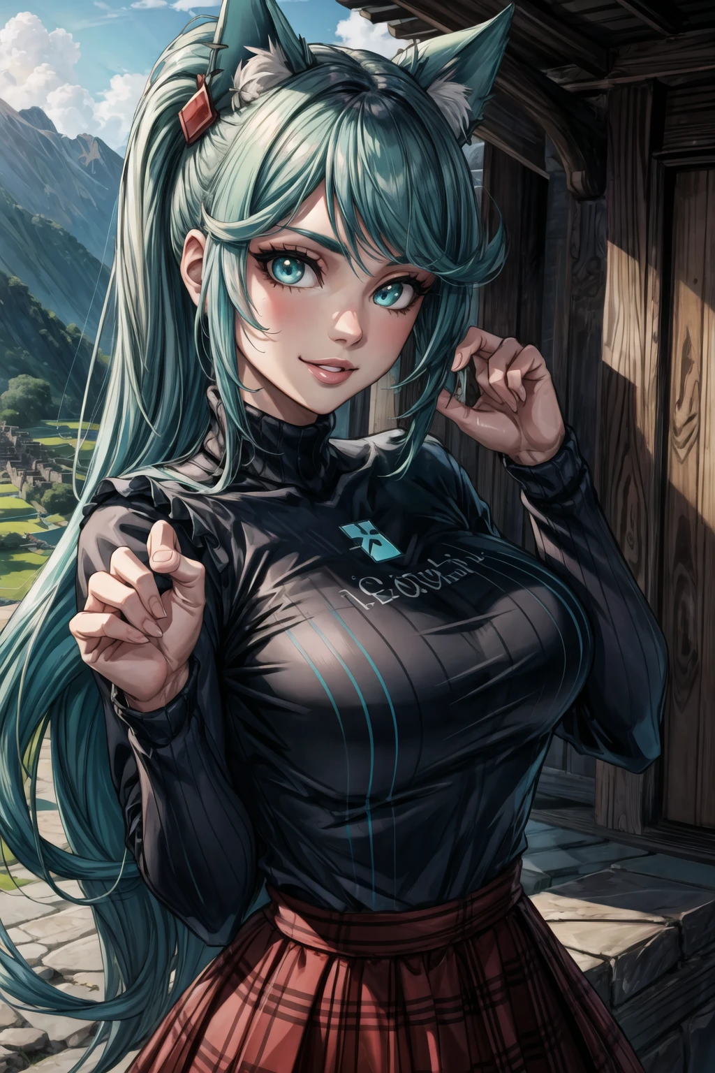 masterpice, best quality, (absurdres), subsurface scattering, 1girl, solo, EPxbcPneuma, <lora:EPxbcPneuma:0.7>, (beautiful face), (looking at viewer:1.1), full lips, green_hair, long_hair, large_breasts,
BREAK
detailed background, artistic lighting,
BREAK
s-curve, machu picchu, evening, paw pose, sweater, cat cutout, plaid_skirt, seductive smile