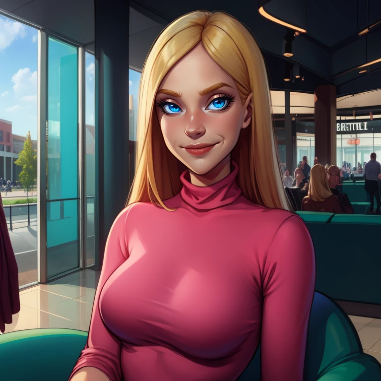 Cornelia,long blond hair,blue eyes,solo,
standing,upper body,smile,
pink turtleneck,sitting,mall,morning,
(insanely detailed, beautiful detailed face, masterpiece, best quality),<lora:CorneliaHale-10W2:0.8>,