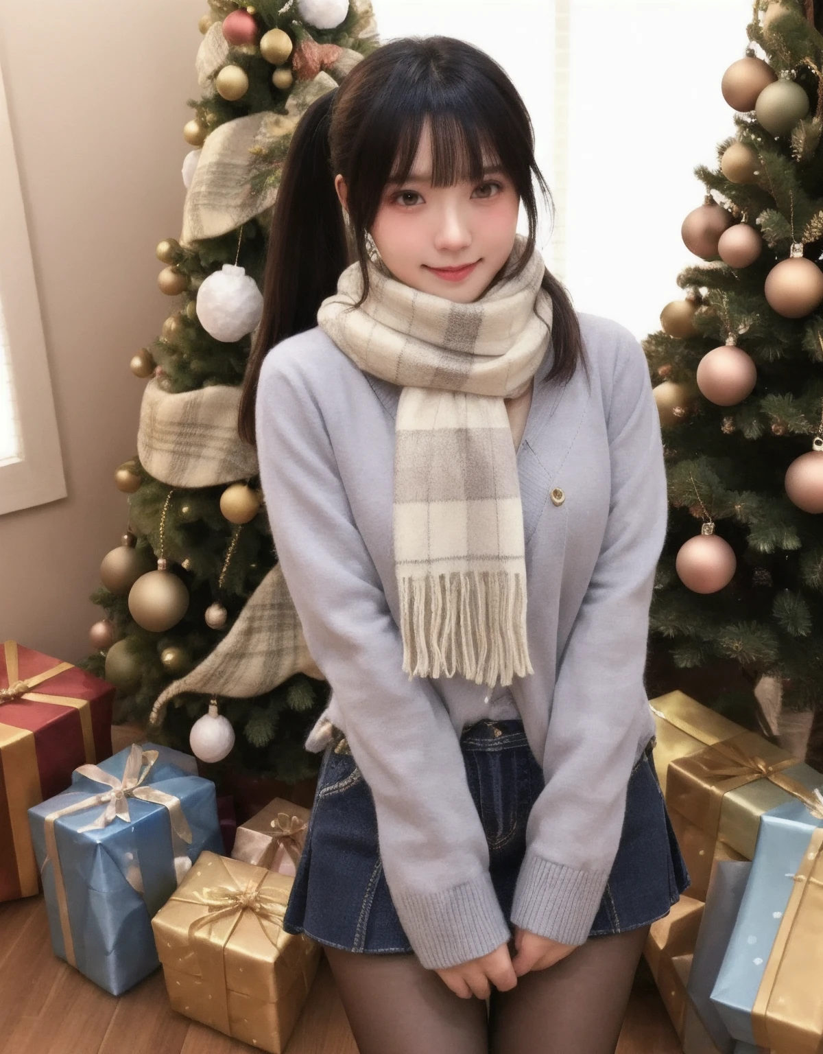 1girl, high quality, masterpiece, cowboy shot, indoors, christmas tree, pantyhose, sweater, scarf, looking at viewer, (blush),bracelet,ponytail,
<lora:9uri__v1-000005:0.65>