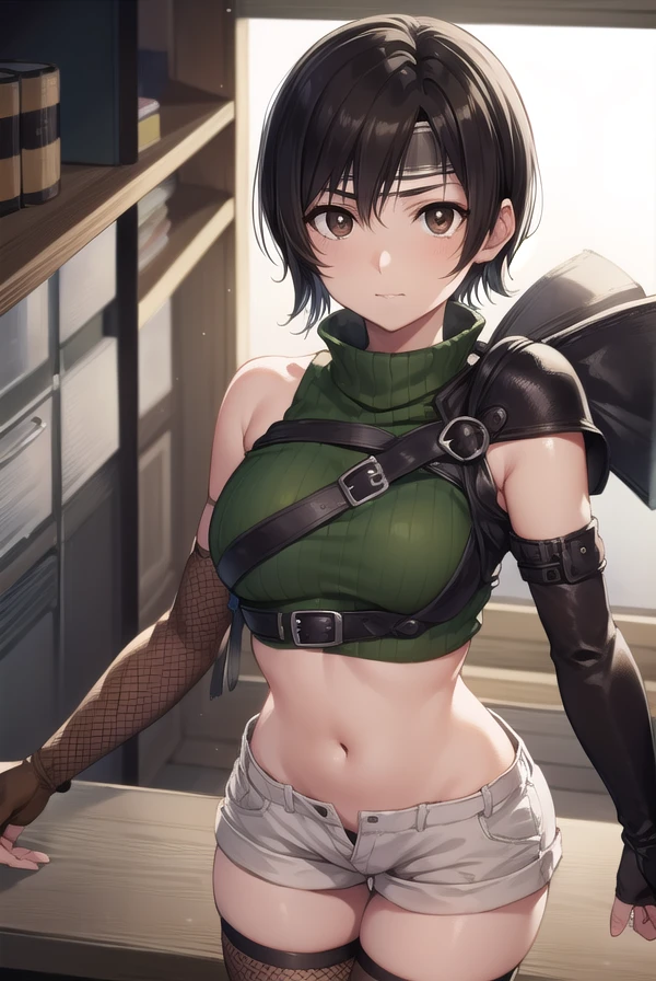 yuffiekisaragi, <lora:yuffie kisaragi v2-lora-nochekaiser:1>,
yuffie kisaragi, (black hair:1.5), (brown eyes:1.7), short hair, pixie cut,
BREAK crop top, fingerless gloves, fishnet thighhighs, fishnets, forehead protector, gloves, headband, navel, short shorts, shorts, single sleeve, single thighhigh, sleeveless, sleeveless turtleneck, thighhighs, turtleneck,
BREAK cowboy shot, looking at viewer,
BREAK indoors,
BREAK <lyco:GoodHands-beta2:1>, (masterpiece:1.2), best quality, high resolution, unity 8k wallpaper, (illustration:0.8), (beautiful detailed eyes:1.6), extremely detailed face, perfect lighting, extremely detailed CG, (perfect hands, perfect anatomy),