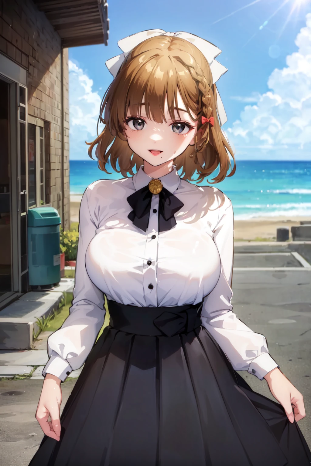 (masterpiece), (best quality), (ultra-detailed), photorealistic, (best illustration), ((an extremely delicate and beautiful)), 1girl, solo, upper body, (hair ribbon), hair bow, white ribbon, red bow, (mole under mouth:0.9), french braid, white collared shirt, long sleeves, black skirt, long skirt,<lora:asahi_nai_3:0.8:lbw=MIDD>, outdoors, summer, sunlight, sweat, grey eyes, half updo, pier, dock, ocean, single braid, open mouth, smile, high-waist skirt, large breasts, (buttons:0.8),