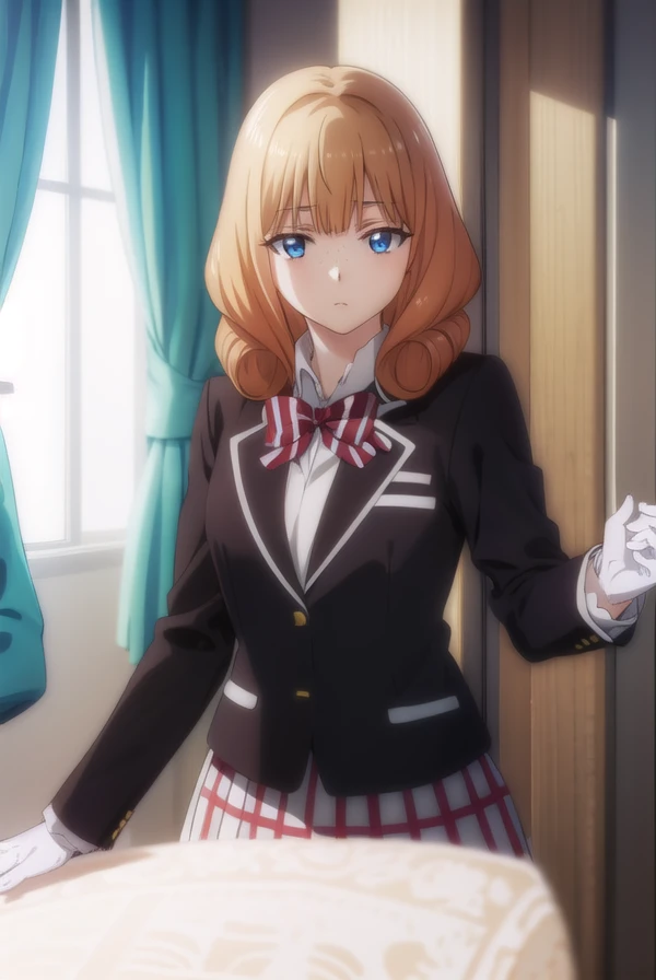 rikasaionji, <lora:rika saionji s1-lora-nochekaiser:1>,
rika saionji, blue eyes, orange hair, freckles,
BREAK skirt, gloves, bow, school uniform, jacket, plaid, plaid skirt, blazer,
BREAK indoors, classroom,
BREAK looking at viewer,
BREAK <lyco:GoodHands-beta2:1>, (masterpiece:1.2), best quality, high resolution, unity 8k wallpaper, (illustration:0.8), (beautiful detailed eyes:1.6), extremely detailed face, perfect lighting, extremely detailed CG, (perfect hands, perfect anatomy),