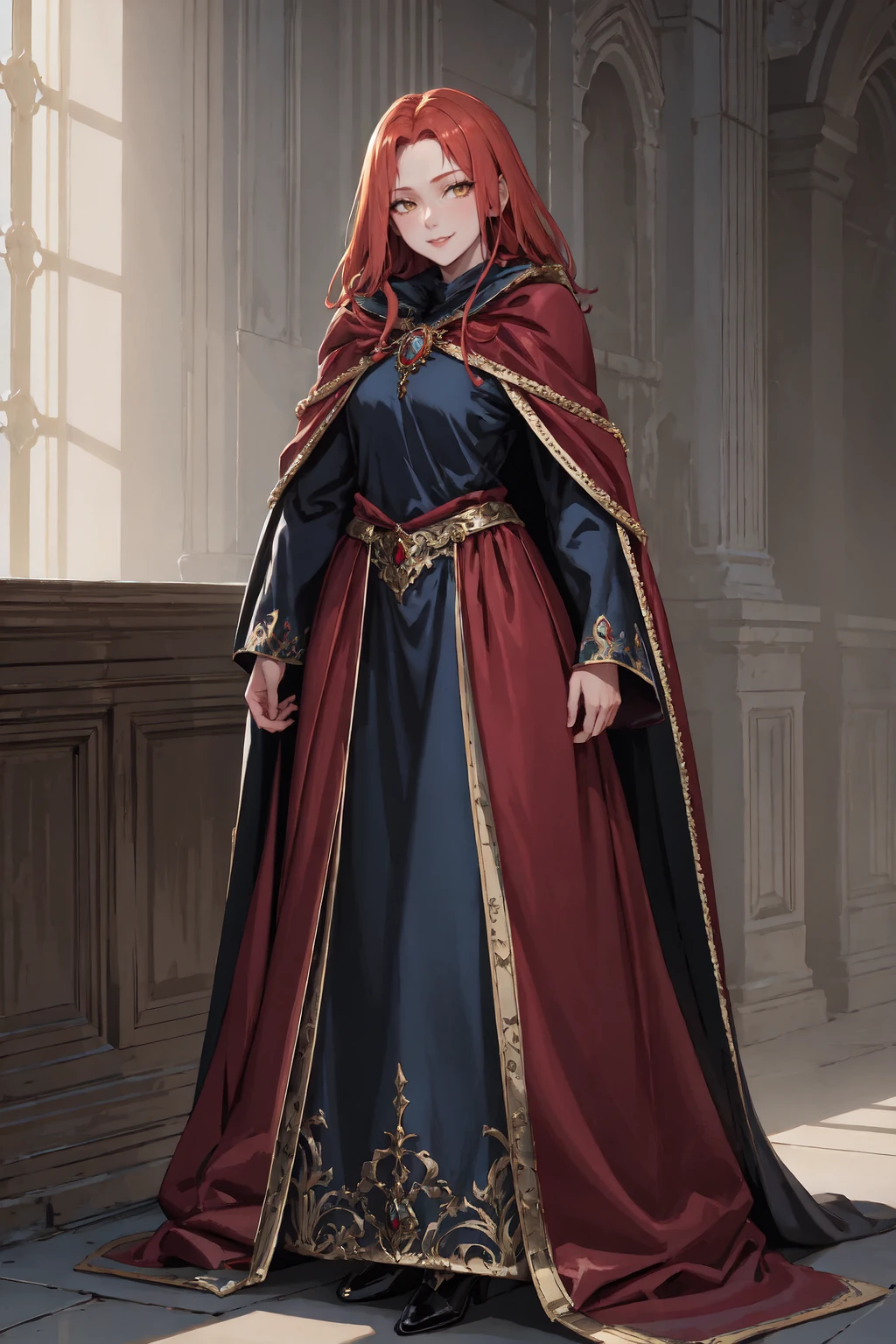 IncrsLunarPrincessRanni, <lora:LunarPrincessRanni:1>, dress, long sleeves, cape, full body, seductive smile,