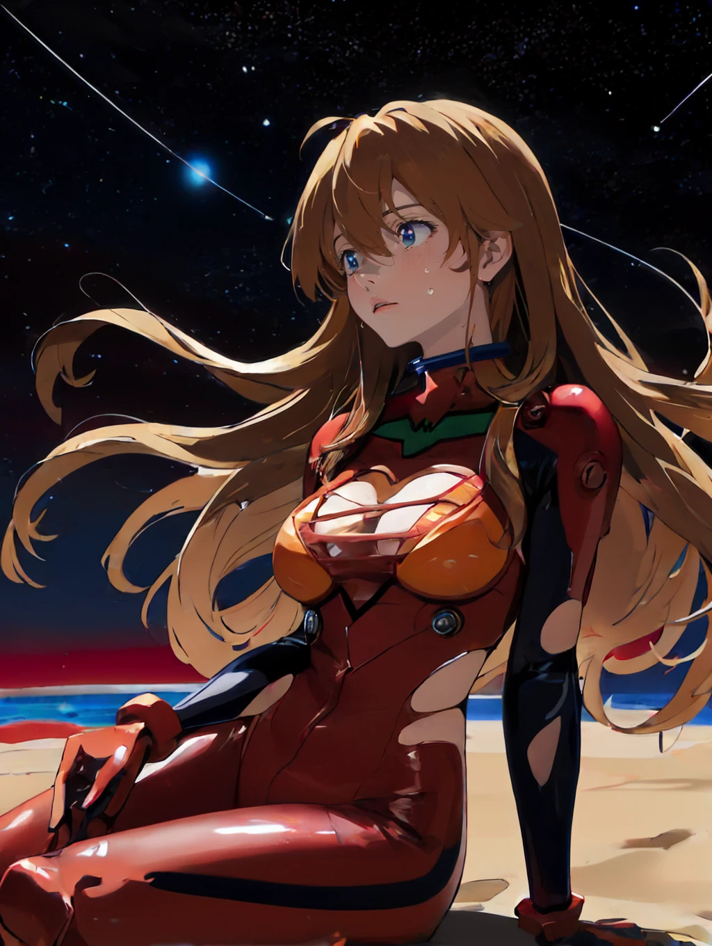 absurdres, highres, upper body,
souryuu_asuka_langley, plugsuit, large_breasts, cleavage, sitting, on ground, looking away, blush, sweat, floating hair,
(red_ocean:1.2), beach, night, star_(sky), starry_sky, outdoors, horizon, after war,
perfect hands,
perfect hands,
<lora:asuka_agedup_sd15_prodigy_0022:1><lora:envybetterhandsLocon_beta2:1>
