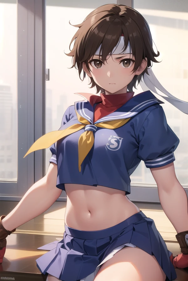 sakurakasugano, <lora:sakura kasugano v2-lora-nochekaiser:1>,
sakura kasugano, (brown eyes:1.7), brown hair, short hair,
BREAK ankle socks, blue skirt, crop top, headband, midriff, miniskirt, navel, sailor collar, school uniform, shoes, short sleeves, skirt, sneakers, socks, stomach, shirt, white shirt, white headband, gloves, red gloves,
BREAK indoors, classroom,
BREAK cowboy shot, looking at viewer,
BREAK <lyco:GoodHands-beta2:1>, (masterpiece:1.2), best quality, high resolution, unity 8k wallpaper, (illustration:0.8), (beautiful detailed eyes:1.6), extremely detailed face, perfect lighting, extremely detailed CG, (perfect hands, perfect anatomy),