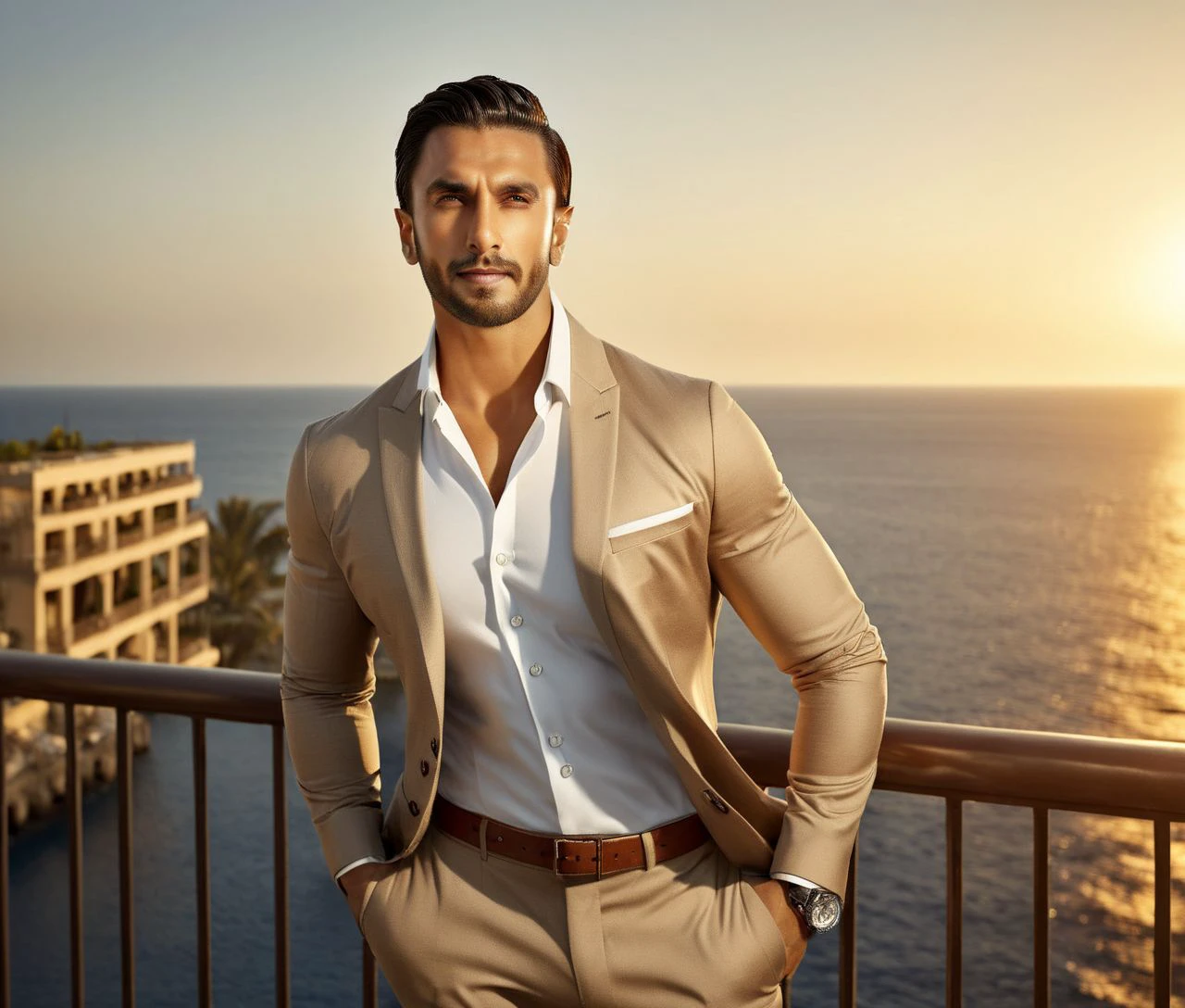 Nautical-themed (Photo:1.3) of (Ultrarealistic:1.3) <lora:Man_Men_FFashion:1> milo ventimiglia a man <lora:ranveer-singh-milo-ventimiglia:1> in a tan suit standing on a balcony, sun behind him, inspired by Pablo Munoz Gomez, shot at golden hour, editorial photograph, midshot of a hunky, by Roman Bezpalkiv, by Artur Tarnowski, maxim sukharev, by Gabor Szikszai,Highly Detailed,(Mono Color:1.3) . Sea, ocean, ships, maritime, beach, marine life, highly detailed