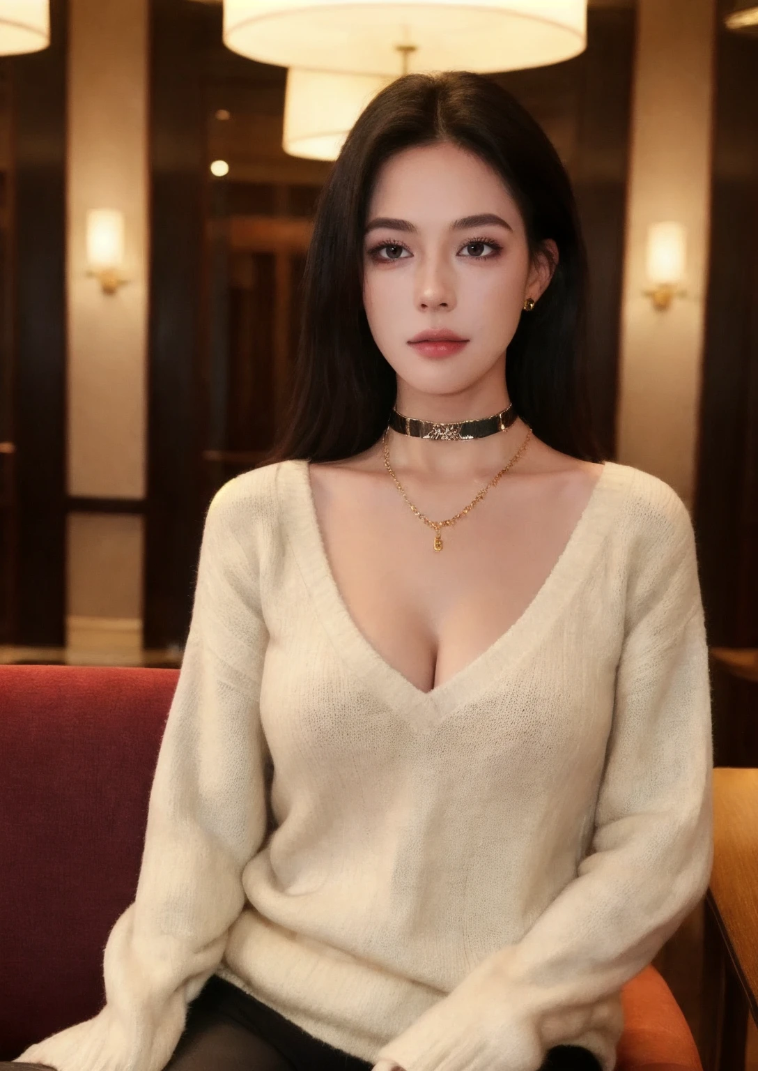 1girl, high quality, masterpiece,mole, upper body, cleavage, eyelashes, necklace, hotel,, choker, yoga pants, cameltoe, night, indoors, looking at viewer, mature female, lips,sweater, v-neck, sitting,
<lora:ylz_v1-000009:0.67>