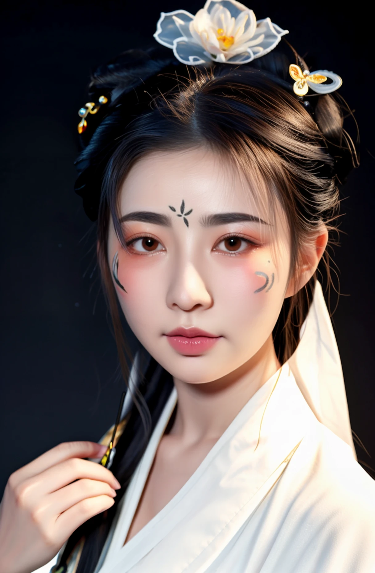 face close up,a photo of a 18 year-old Chinese woman Hanfu from r/nakedhanfu,(best aesthetic:1.2) and (best quality:1.2) and (photorealistic:1.4) and (Realistic:1.4) and Detailed Skin Textures and detailed skin pores and high skin detail,<lora:naked hanfuV1:0.85>, <lora:LCM_LoRA_Weights_SD15å éå¨:0.7>, Detailed facial features, (looking at viewer and facing viewer) hair ornament,chinese clothes,hair flower,jewelry,(facial mark:1.3 ),(forehead mark:1.3),(black background:1.2),simple background, butterfly hair ornament