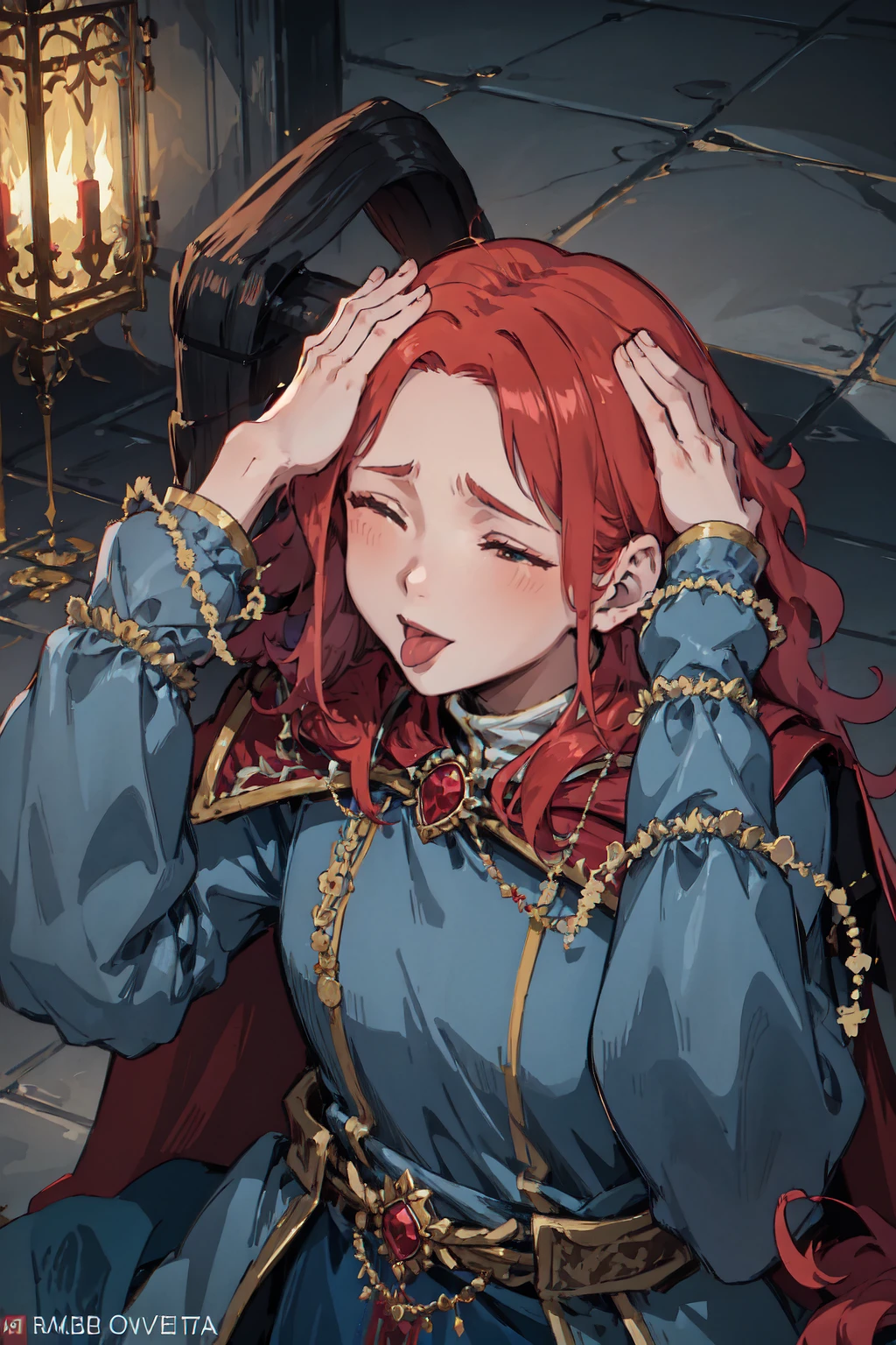 IncrsLunarPrincessRanni, <lora:LunarPrincessRanni:1>, dress, long sleeves, cape, hahetobleh, from above, hands on own head, closed eyes, tongue, <lora:Pos_AhEtoMemePose:0.8>,