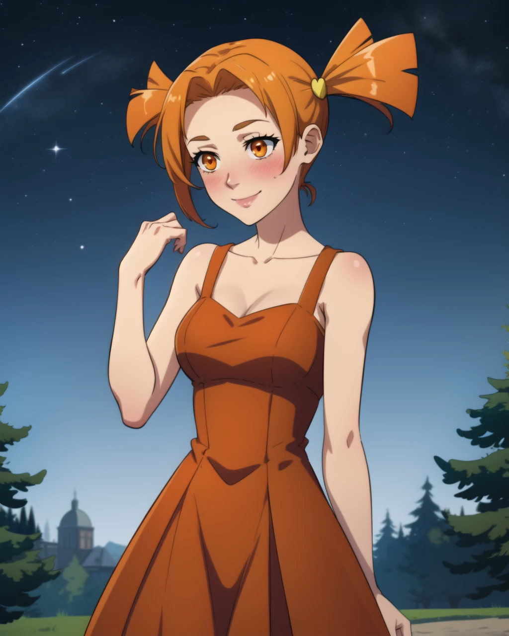 masterpiece, high quality, blalisa, 1girl, cowboy shot, (dynamic shot), light smile, outdoors, park, sky, orange eyes, orange hair, short twintails, sleeveless red dress, yellow hairpin, blush, shy, outdoors, night, party, sky, stars, <lora:blalisa-000006:0.7>, <lora:add_detail:0.5>