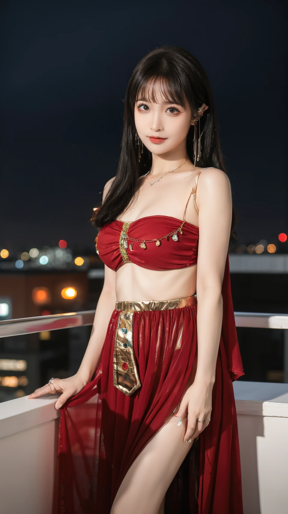 best quality,HDR,UHD,8K,Vivid Colors,solo,photo_(medium),pov,cute & girly,(night:1.4),(looking at viewer:1.5),tokyo \(city\),rooftop,standing,<lora:rc36:0.8>,rc,breasts,jewelry,midriff,red dress,<lora:momo:0.5>,