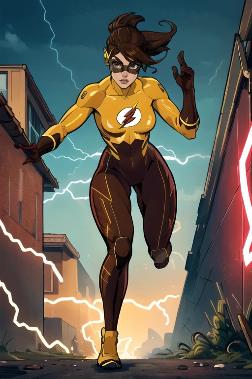 masterpiece,best quality,extreme detail,8k,image sharpness,<lora:flash-20:0.6>,flashwoman,1girl,solo,breasts,looking at viewer,brown hair,gloves,lips,bodysuit,mask,animification,full body,standing pose,(curvy),running,electricity,