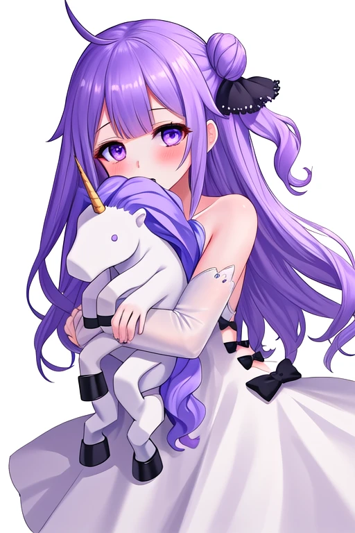 best quality, masterpiece, highres, solo, {yunikoon:1.15}, purple_hair, long_hair, unicorn_\(azur_lane\), purple_eyes, bangs, ahoge, blush, very_long_hair, ribbon, hair_bun, single_hair_bun, hair_ribbon, one_side_up, single_side_bun, stuffed_toy, breasts, 1girl, bare_shoulders, black_bow, black_ribbon, bow, detached_sleeves, dress, object_hug, simple_background, stuffed_animal, stuffed_winged_unicorn, white_background, white_dress, looking_at_viewer, doll_hug, long_sleeves, closed_mouth