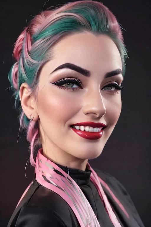 a woman ((adorable face, pleasing eyes, smiling mouth, looking away, closeup portrait:1.43)) with (two-toned hair:1.35), (gradient hair), (dark green hair) fading to (pink hair), beautiful grey eyes, french braid, full lips, (Glossy red lips:1.33), (bold thick eyebrows:1.2), (mascara:1.15), (eyeliner:1.3), (eyeshadow:1.35), (dark background:1.75), (backlighting:1.46)