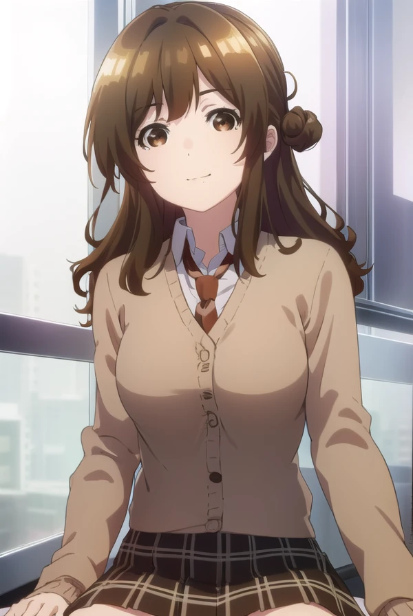 yuzuizumi, <lora:yuzu izumi s1-lora-nochekaiser:1>,
yuzu izumi, long hair, brown hair, (brown eyes:1.5), hair bun, single hair bun, mole, mole under mouth, smile,
BREAK skirt, school uniform, pleated skirt, necktie, socks, plaid, kneehighs, plaid skirt, cardigan,
BREAK indoors, classroom,
BREAK looking at viewer,
BREAK <lyco:GoodHands-beta2:1>, (masterpiece:1.2), best quality, high resolution, unity 8k wallpaper, (illustration:0.8), (beautiful detailed eyes:1.6), extremely detailed face, perfect lighting, extremely detailed CG, (perfect hands, perfect anatomy),