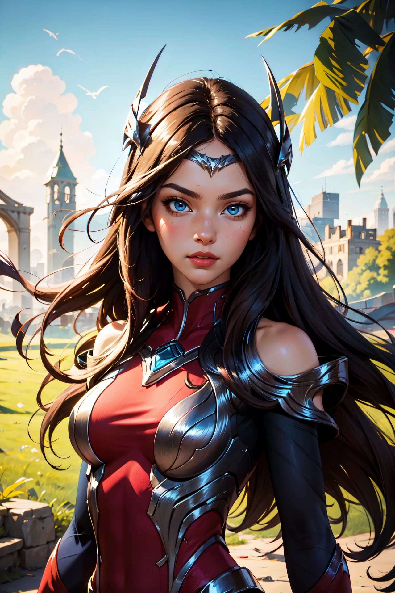 (masterpiece, best quality:1.2), intricate details, <lora:GoodHands-beta2:1>, <lora:lol_irelia1.2-000008:1>, irelia, 1girl, bodysuit, bare shoulders, forehead protector, hair ornament, armor