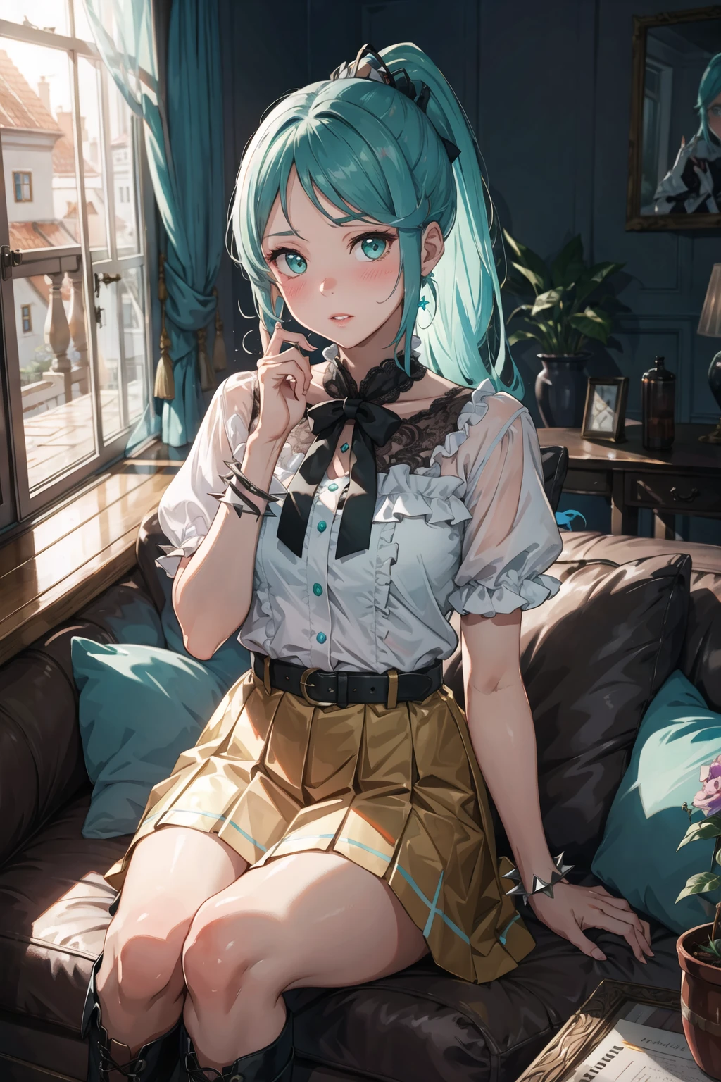 masterpice, best quality, (absurdres), subsurface scattering, 1girl, solo, EPxbcPneuma, <lora:EPxbcPneuma:0.7>, (beautiful face), (looking at viewer:1.1), full lips,
BREAK
(embarrassed, full face blush), detailed background, artistic lighting, (pelvic curtain), puffy short sleeves, white sash, white lace-up boots, spiked bracelet, toned , sitting, living room, sofa, Latvian architecture, sfw, sharp focus,