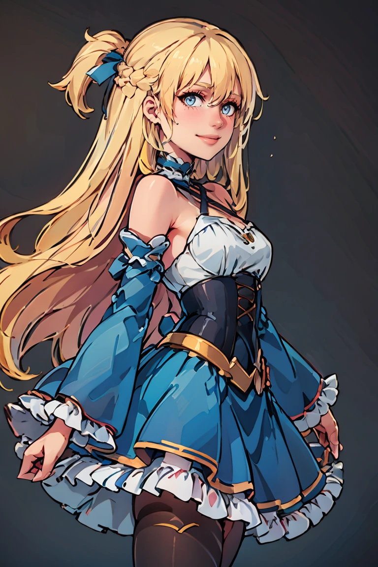 ((masterpiece,best quality)), <lora:Marina_Lucce_Maxetto_OC_v2:0.8>, Marina_Lucce_Maxetto_OC, 1girl, solo, blonde, very long hair, french braid, hair ribbon, frilled choker, criss-cross halter, sleeveless dress, high-waist skirt, blue backless dress, waist bow, detached sleeves, frilled sleeves, wide sleeves, pantyhose, blue dress, white skirt, solo, smiling, looking at viewer, cowboy shot, side view,