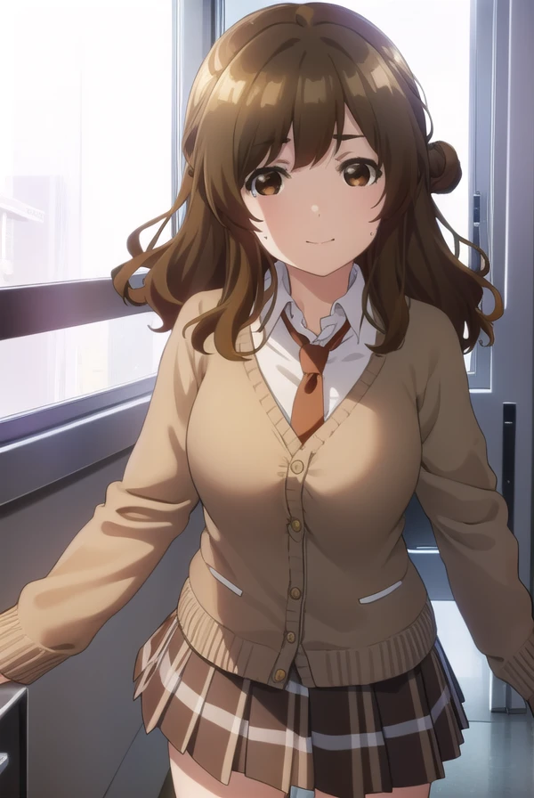 yuzuizumi, <lora:yuzu izumi s1-lora-nochekaiser:1>,
yuzu izumi, long hair, brown hair, (brown eyes:1.5), hair bun, single hair bun, mole, mole under mouth, smile,
BREAK skirt, school uniform, pleated skirt, necktie, socks, plaid, kneehighs, plaid skirt, cardigan,
BREAK indoors, classroom,
BREAK looking at viewer,
BREAK <lyco:GoodHands-beta2:1>, (masterpiece:1.2), best quality, high resolution, unity 8k wallpaper, (illustration:0.8), (beautiful detailed eyes:1.6), extremely detailed face, perfect lighting, extremely detailed CG, (perfect hands, perfect anatomy),