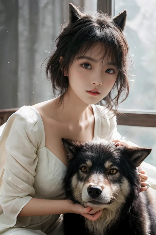 An unparalleled 8K UHD professional photograph that stands as a testament to the zenith of artistic vision, set against the backdrop of a spellbinding fantasy realm. At the heart of this realm is a 19-year-old girl, a figure of sublime beauty with cascading soft silver hair that glimmers like strands of starlight. Her presence is a harmonious contradiction: while her visage radiates innocence, her amazingly elegantly arched black devil horns unveil her true identity as a bona fide real demon. These devil horns, majestic yet menacing, are a perfect embodiment of her dual nature, blending seamlessly with her enchanting allure. Her pale hands, captured in exquisite detail, are not just visually striking but are also imbued with the narrative of her demonic heritage, each line and curve a whisper of her ancient lineage. By her side stands a majestic, enigmatic giant wolf, a noble companion whose presence complements her own formidable essence. Their bond transcends the ordinary, radiating a joy that is both pure and deeply rooted in their shared mystical bond. The scene is bathed in a resplendent natural light that not only illuminates but also enhances the surreal elements of this otherworldly setting. The light weaves through her hair, dances around her horns, and casts a noble glow on her scary giant wolf companion, against a backdrop that is vibrant and dreamlike. This composition is a masterful interplay of light and shadow, adding depth and dimension, and rendering every texture so vivid that it feels tangible. This photograph is more than a visual feast; it's an immersive experience. The viewer is not merely observing but is drawn into a world where the line between reality and fantasy blurs, touched by the beauty, mystery, and intrinsic joy of this demon girl and her mythical wolf. It's a portrayal that transcends the medium, capturing the essence of their otherworldly existence in a moment frozen in time.