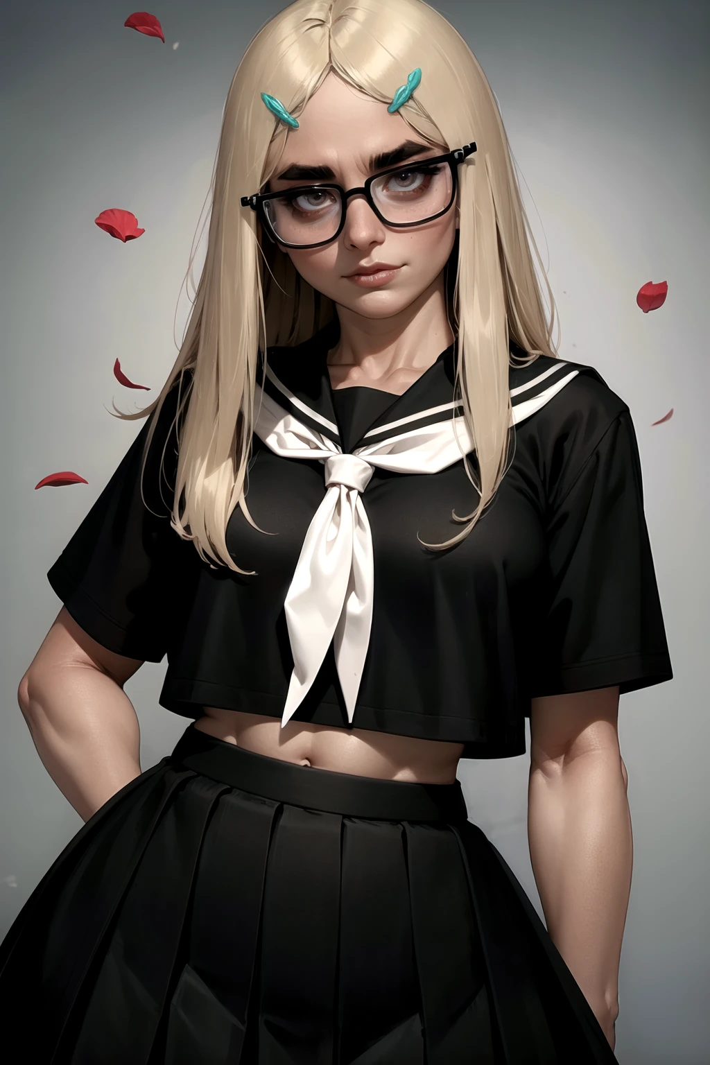 <lora:Pearl_SB-05:1.0> pearl,pleated skirt,highres,neckerchief,white neckerchief,solo,absurdres,serafuku,brown eyes,petals,hair between eyes,black shirt,1girl,black skirt, beautiful, (masterpiece:1.2), (best quality:1.2), perfect eyes, perfect face