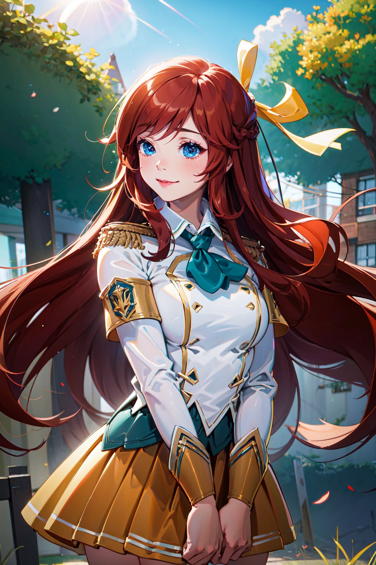 (masterpiece, best quality:1.2), intricate details, <lora:GoodHands-beta2:1>, <lora:lol_pba_lux-000018:1>, pba lux, 1girl, collared shirt, pleated skirt, hair ribbon, epaulettes, ascot, light smile