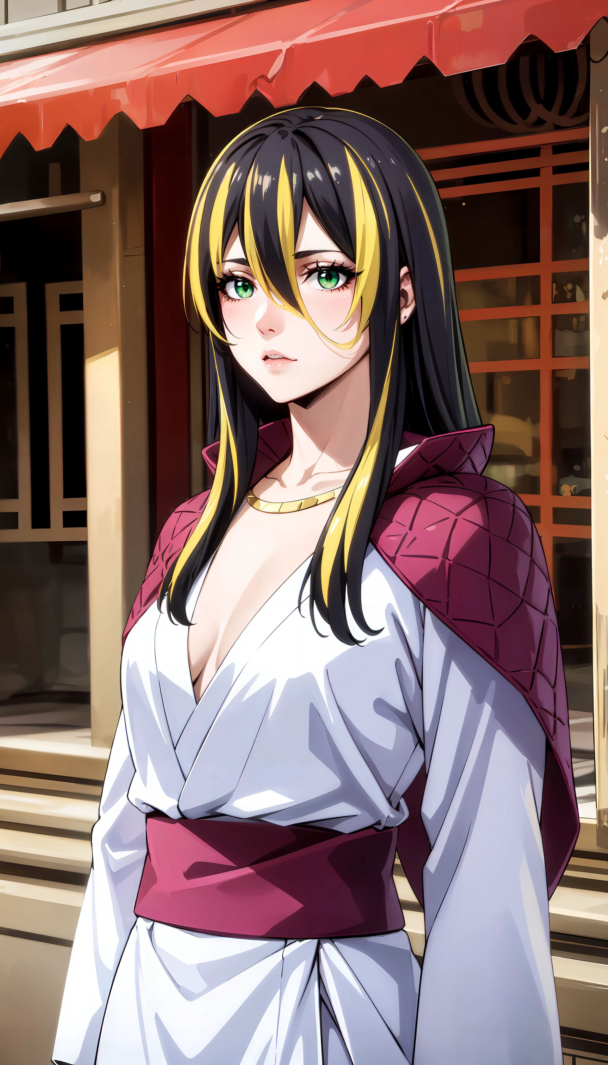 photorealistic, (4k), depth of field, (Masterpiece), (realistic skin texture), extremely detailed, intricate, hyper detailed, professional photography, bokeh, high resolution, sharp detail, best quality, woman, long hair, black hair, yellow hair streaks, white and purple dress, purple capelet, long sleeves, green eyes, gold necklace, , standing in an s-shape, <lora:Albis:0.7> , (east asian architecture),