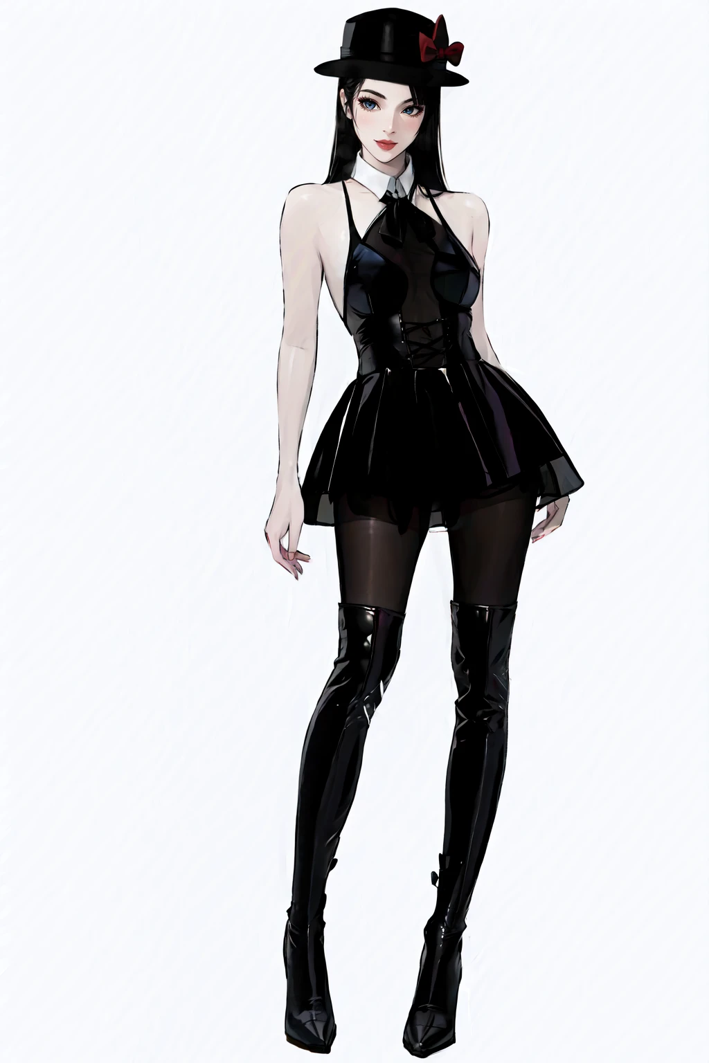 full body,wide shot,zaracbb,1girl,solo,black hair,white background,simple background,black footwear,breasts,long hair,high-waist pantyhose,<lora:zaracbb-000006:1:lbw=FUZU>,<lora:tutuxem:1:lbw=FUZU>,tutututu,black short sleeveless dress,see-through,cake hat,shiny clothes,satsuki kei ,<lora:satsuki_kei-style-v1:1>,