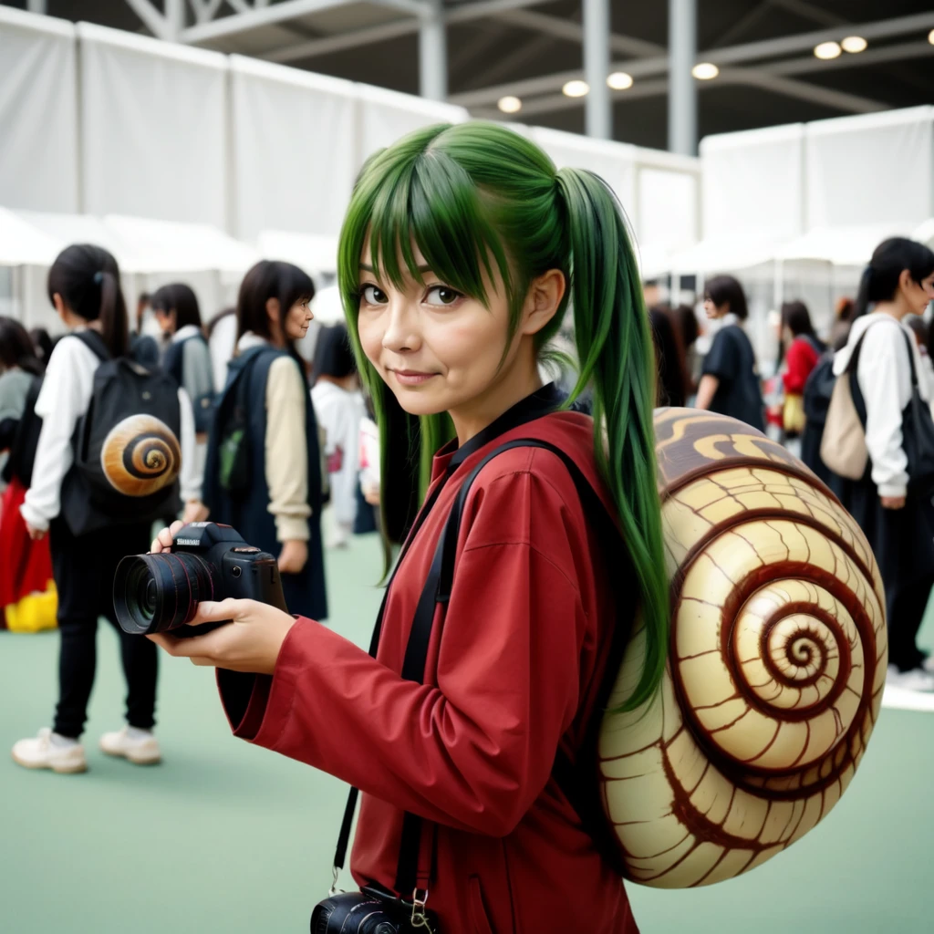 <lora:snail_tourist_v1:0.5>, camera, snail shell, taking picture,  old woman, long sleeves, blonde_hair, holding_camera, looking at viewer, tail, from side, snail, snailtourist, SNTR, spiral, realistic, comiket, indoors, red tunic, green hair, long hair, twintails
