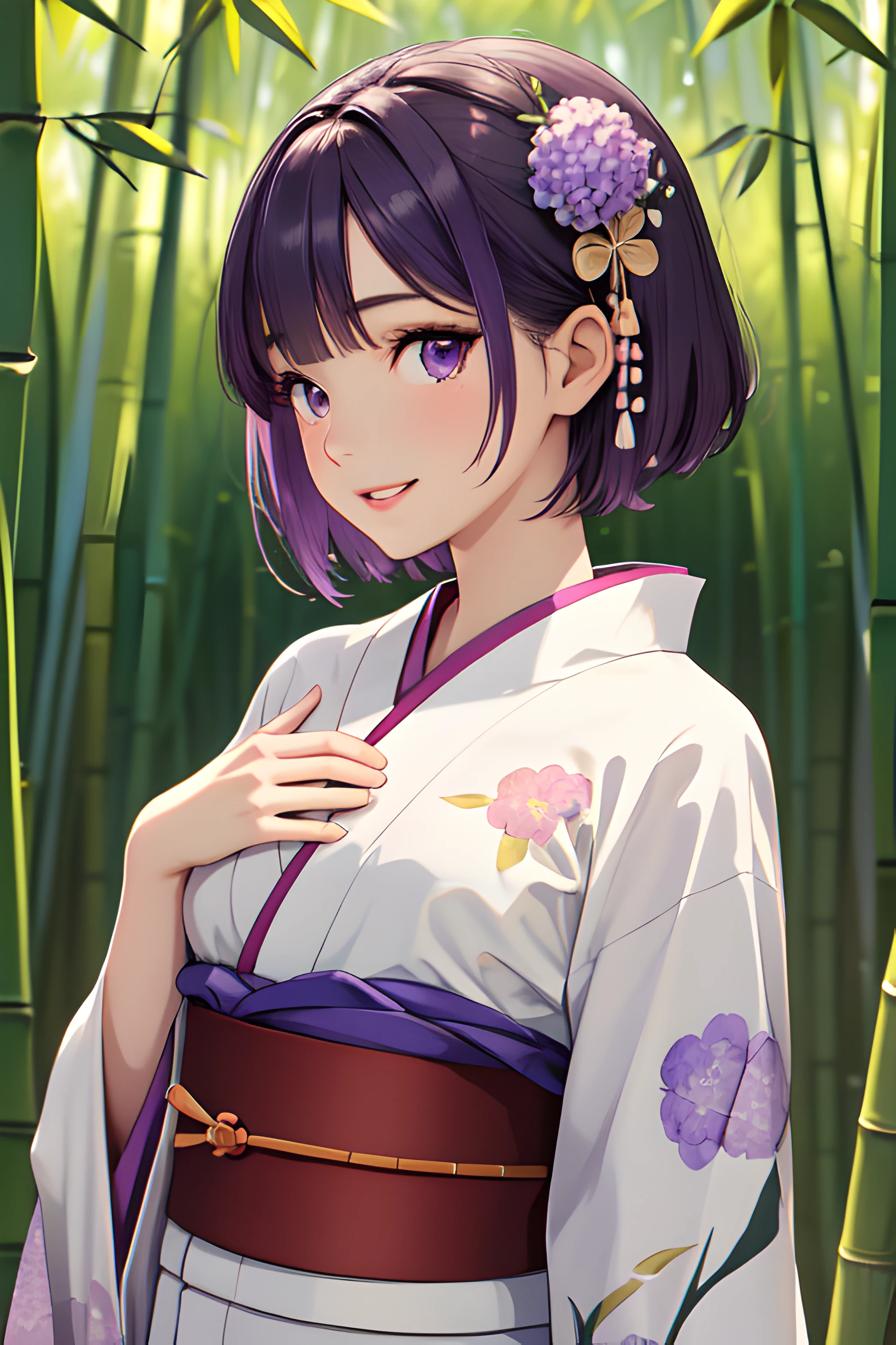 (masterpiece, best quality), 1girl, solo, purple hair, short hair, inverted bob, purple eyes, small breasts, narrow waist, long eyelashes, japanese clothes, layered kimono, sash, obi, geta, hand on own chest, upper body, profile, looking at viewer, head tilt, parted lips, light smile, outdoors, bamboo forest, butterfly, hair ornament, flower, hydrangea, floral print,