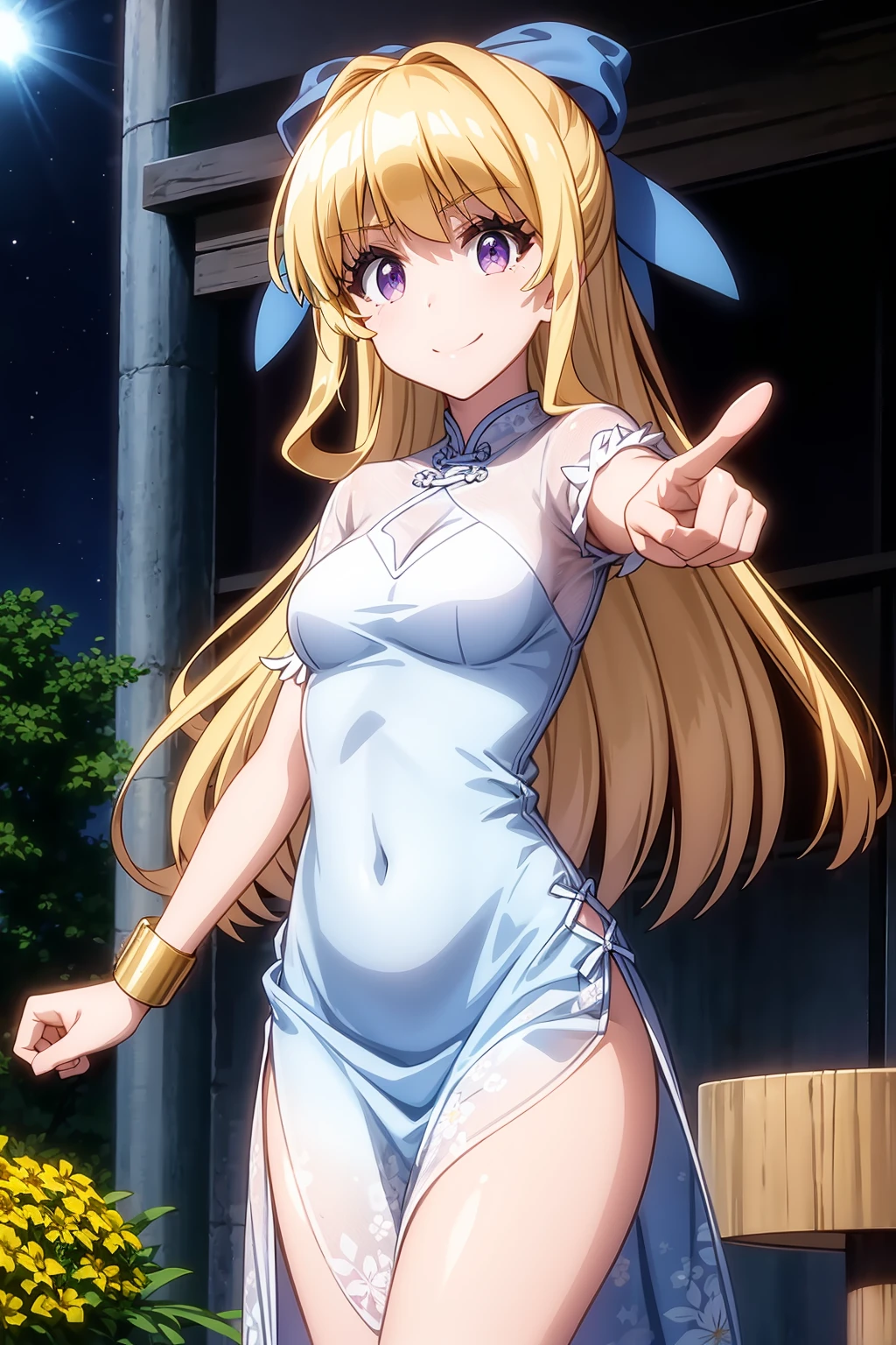 masterpiece, best quality, 1girl, solo, long hair, looking at viewer, cowboy shot, closed mouth, smile, blonde hair, purple eyes, hair bow, night, blue bow, rista_ristarte,  bracelet, china dress, chinese clothes, dress, floral print, jewelry, pink dress, pointing, print dress, puffy short sleeves, puffy sleeves, short sleeves