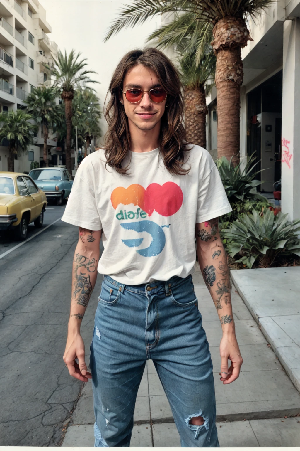 (polaroid photograph) , a cute muscular guy with long messy hair wearing a baggy vintage tshirt and acid washed jeans sits outside the front door of his Los Angeles apartment, tattoos, piercings, rayban sunglasses, (1980s), happy vibe, warm colors, palm trees, cracked sidewalk leading to the road outside, graffiti,