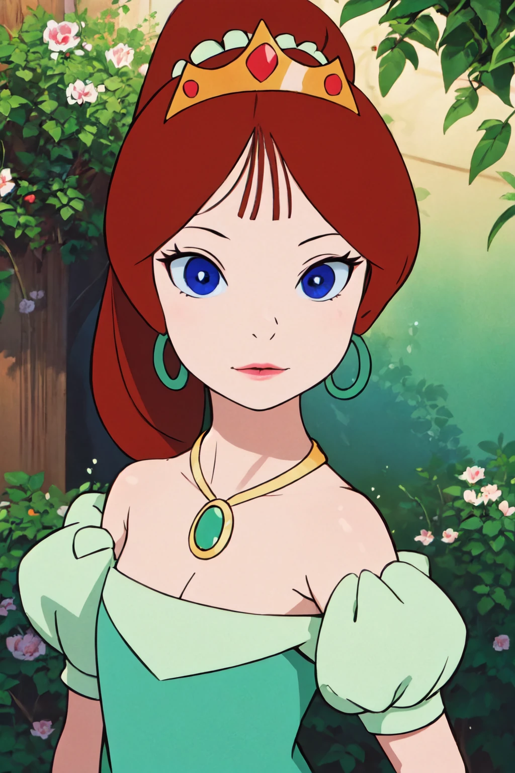 portrait, sharp focus, soft lighting, illustration, garden, depth of field, camille1, 1girl, solo, red hair, blue eyes, earrings, necklace, ponytail, tiara, green dress, pink lips, <lora:asanagi:0.35> <lora:camille1-000003:0.75>