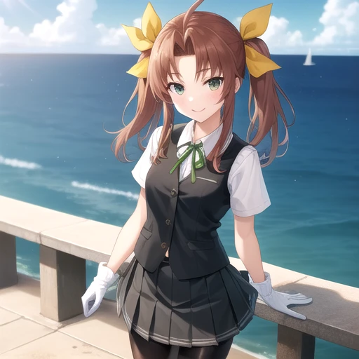 ((masterpiece)),(best quality),official art,extremely detailed CG,unity 8k wallpaper,ultra detailed,A lighthouse on a cliff by the sea,1girl,solo,cowboy shot,looking at viewer,twintails,school_uniform,vest,hair_ribbon,brown_hair,bike_shorts,short_sleeves,yellow_ribbon,white_gloves,smile,ahoge,bike_shorts_under_skirt,long_hair,pleated_skirt,grey_socks,neck_ribbon,green_ribbon,loafers,<lora:Kagero(kan)>,