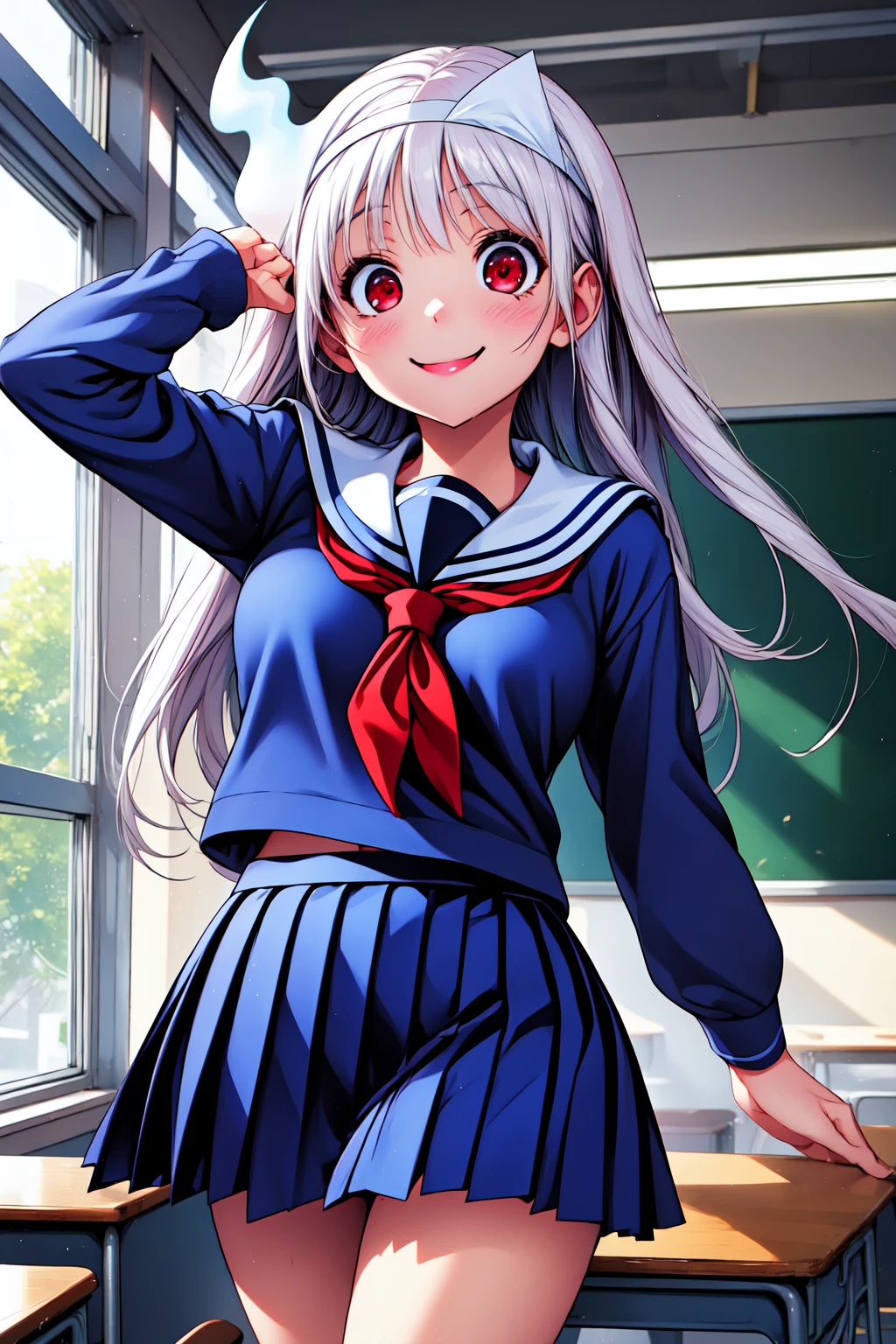 1girl, smile, cowboy shot, classroom,
yuragisou_yuuna, (ghost:1.2), (triangular headpiece:1.2), albino, red eyes, white hair, long hair, school uniform, serafuku, blue shirt, long sleeves, white sailor collar, pleated skirt, blue skirt, <lora:yuragisou_yuuna_lora_ver1:0.8>, best quality, masterpiece, highres, <lora:GoodHands-vanilla:1>
